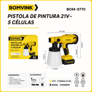 Pistola de Pintura Elétrica a Bateria 21V sem Fio Bomvink BOM-9770 Portátil e Profissional para Tinta, Verniz e Compress