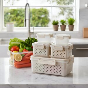 Kit 5 Potes Herméticos B-MAX BM-F1276 com Cesto Organizador Geladeira e Micro-ondas