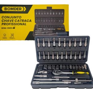 Conjunto de Chaves Catraca Bomvink BOM-3905 Kit 46 Peças Profissional com Soquetes e Acessórios para Mecânica e Uso Geral