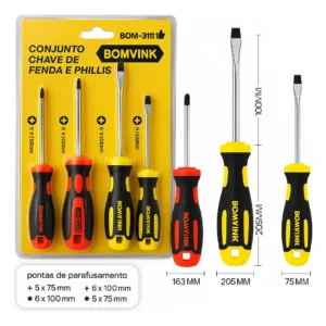 Jogo de Chaves de Fenda e Phillips Bomvink BOM-3111 Kit Profissional Multiuso