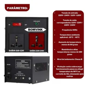 Transformador Bivolt 1000VA 110V/220V Bomvink BOM-9301 Conversor de Voltagem Preto