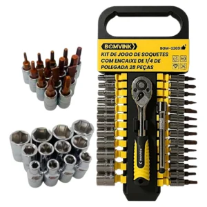 Kit Jogo de Soquetes 1/4 Bomvink BOM-3209 com 28 Peças Uso Profissional