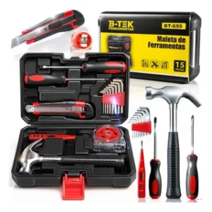 Maleta de Ferramentas 15 Peças Kit Completo Multiuso com Martelo Trena e Chaves Reparos