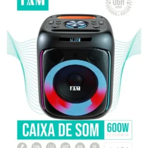 Caixa de Som Bluetooth Amplificada FAM A601 600W Bivolt USB FM AUX Microfone