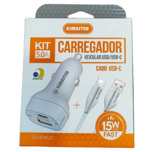 Kit Carregador Veicular Kimaster CV206UC USB Carregamento Rápido Automotivo