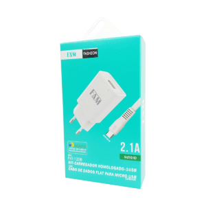 Kit Carregador Homologado FAM FKT-1208 1 USB 2.1A com Cabo Flat Micro USB 1,2M