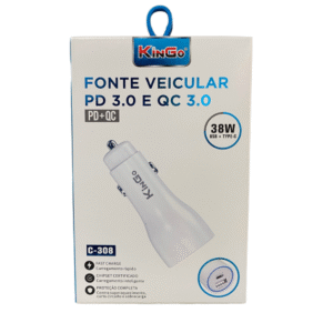 Fonte Veicular Kingo C-308 38W USB + Type-C Carregamento Rápido Automotivo
